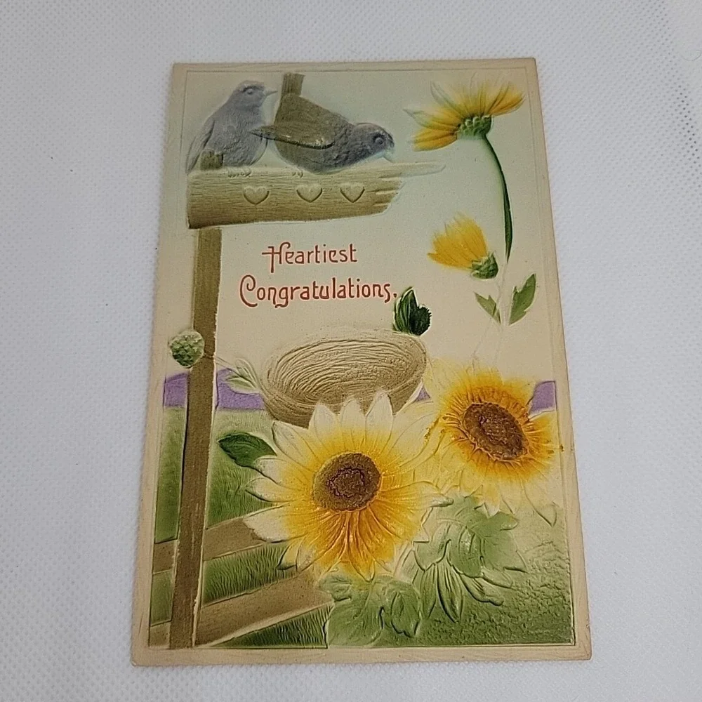 Vintage Heartiest Congratulations Post Card Sunflowers Birds Early 1900s Germany